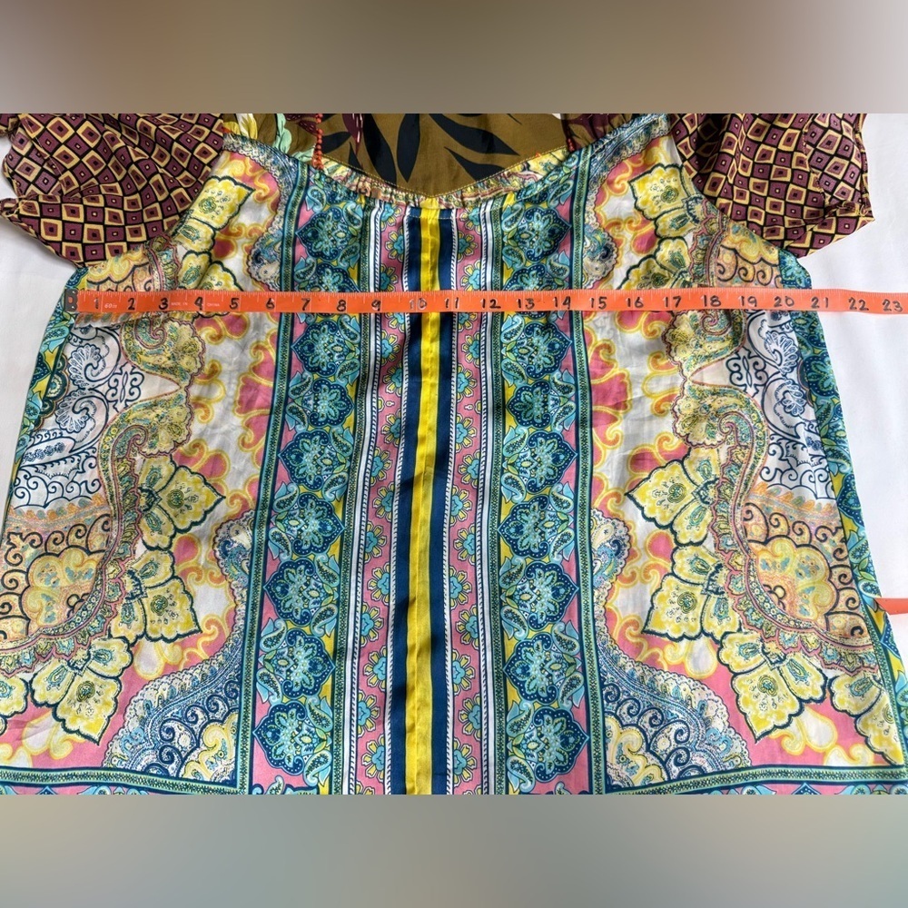 ODDY Yellow and Blue multi graphic print silky top size M - Picture 12 of 13